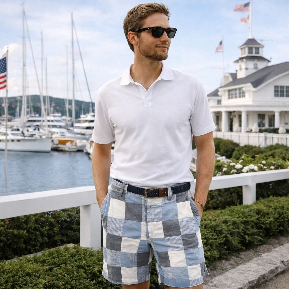 Izod Patchwork Preppy Madras Mens Shorts 40 Y2K Coastal Nantucket Chambray 10"